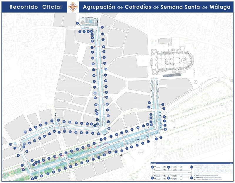 Carte avec l'itinéraire officiel de la Semaine Sainte à Malaga.